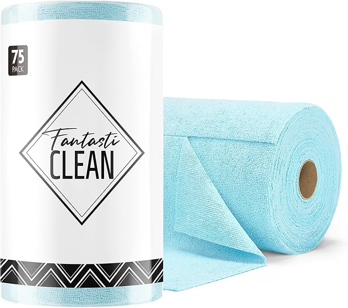 Fantasticlean Microfiber Cleaning Cloth Roll -75 Pack, Tear Away Microfiber Towels, 12" x 12", Reusable, Washable, Scratch Free, Ultra Absorbent Dish Rags for Car, Home, Garage or Shop (Blue)-Ruum Studio Home