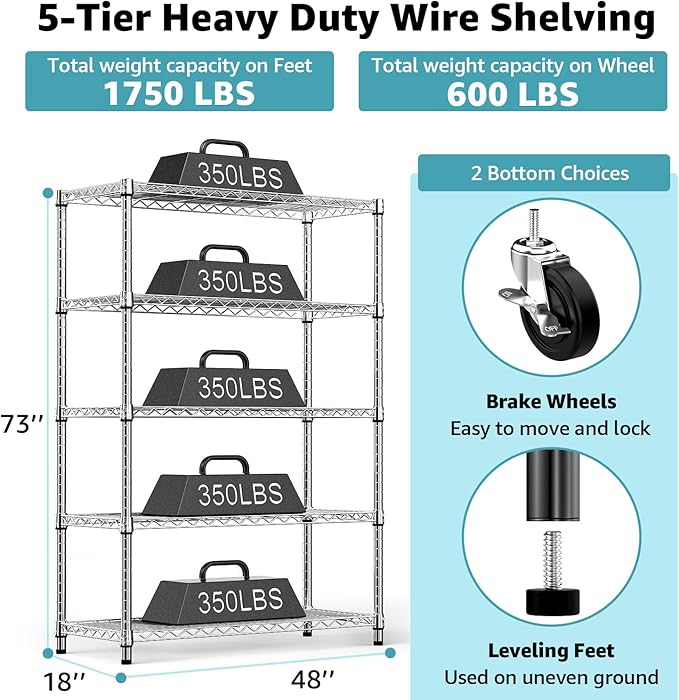 5-Shelf Storage Shelves,Wire Shelving Heavy Duty Metal Storage Shelving Unit Adjustable Garage Shelving Rack Pantry Kitchen (Chrome, 5 Tier,17.7" D x 47.2" W x 76.7" H)-Ruum Studio Home