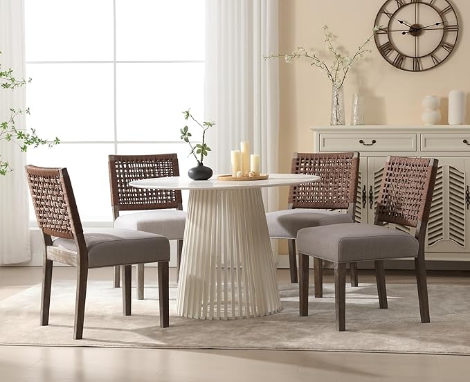 Kmax Farmhouse Dining Chairs Set of 4, Rustic Kitchen Chairs with Linen Fabric Seat and Woven Back, Vintage Accent Chairs for Dining Room, Living Room, Grey-Ruum Studio Home