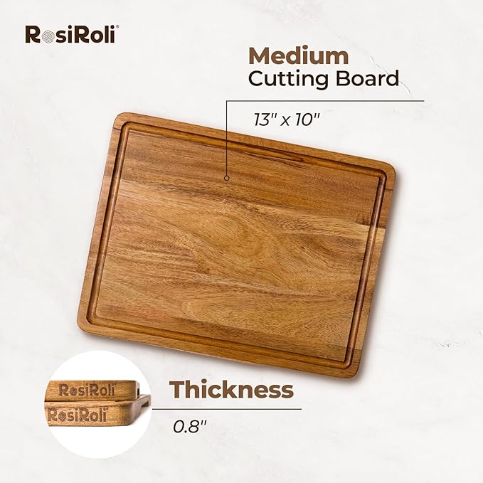 Acacia Wood Cutting Board for Kitchen - 0.8 inch Thick Wood Charcuterie Cheese Board with Side Handles and Juice Grooves, Wooden Chopping Block for Meat and Veggies, 13x10 inch-Ruum Studio Home