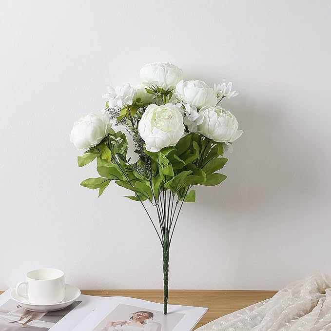 Duovlo Springs Flowers Artificial Silk Peony Bouquets Wedding Home Decoration,Pack of 1 (Spring White)-Ruum Studio Home