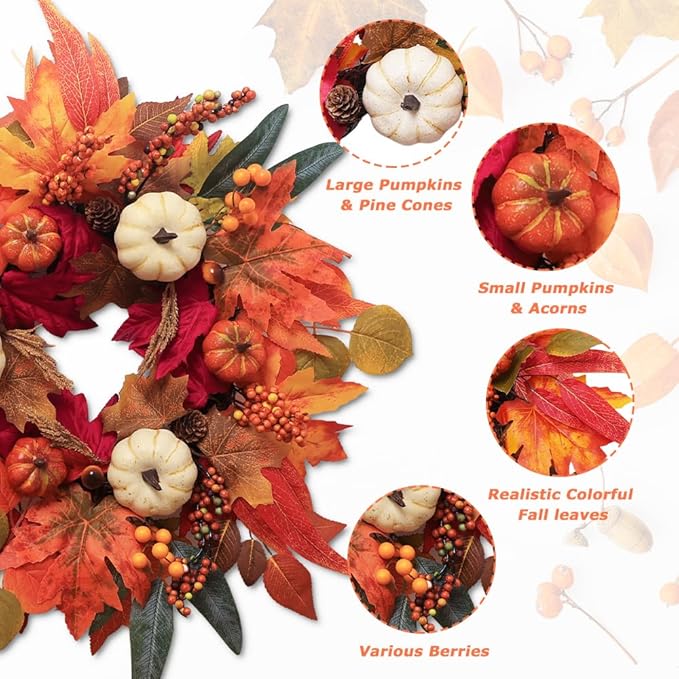 Fall Wreaths for Front Door, DECSPAS 21" Fall Wreath with Maple Leaves Pumpkin Berries, Autumn Decorations for Home, Artificial Harvest Door Wreath Outside, Window, Wall, Fireplace, Thanksgiving Decor-Ruum Studio Home