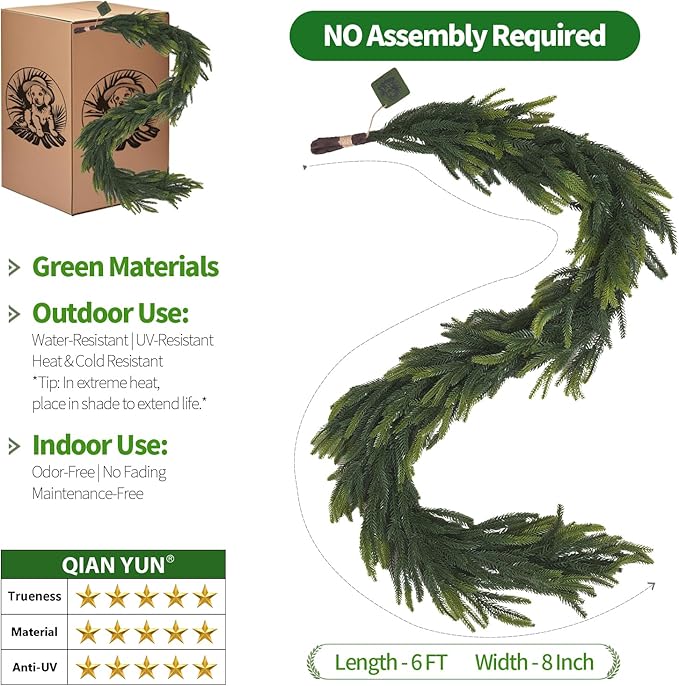 6FT Artificial Norfolk Pine Garland – Real Touch Greenery Garland, Dense Green Plants for Indoor Outdoor Christmas, Holiday, and Home Decoration (1, 6FT-)-Ruum Studio Home