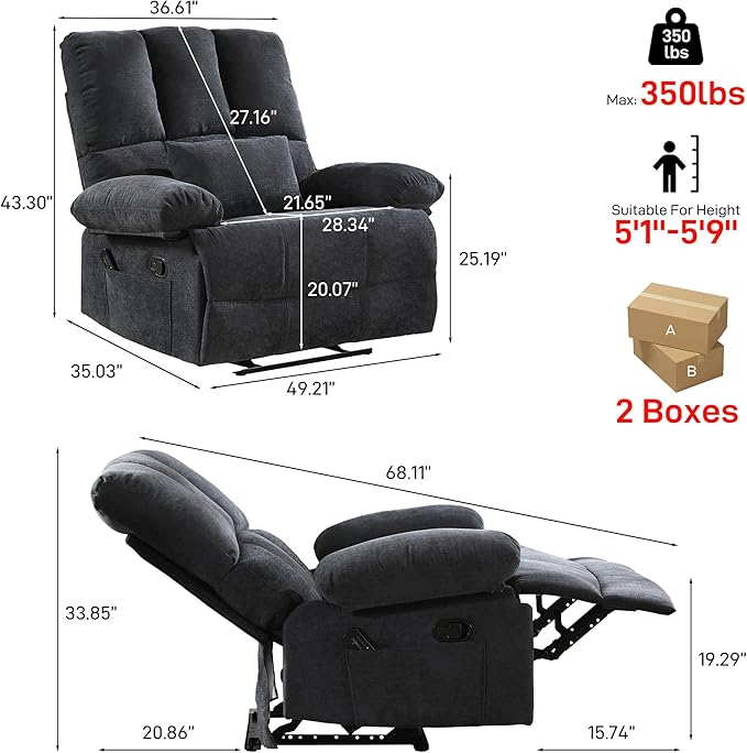 Oversized Recliner Chair Extra Wide Large Recliner for Adults 350lbs with Lumbar Support Pillow Nursery Chair Living Room (Manual, GREY-6008)-Ruum Studio Home