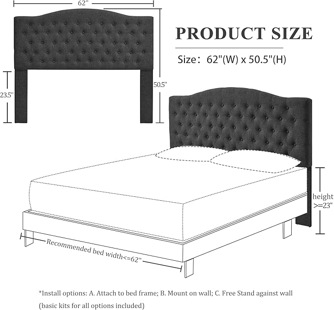 Linen Upholstered Headboard Queen/Full Size Latest Model Wall Mount, Bed Frame Mount, Featuring High-Density Sponge Padding, Luxury Texture Easy Assembly Comfort and Style-Dark Gray-Ruum Studio Home