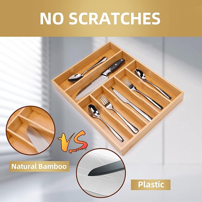 Silverware Organizer Kitchen Drawer Organizer Utensil Organizer Bamboo Silverware Holder Cutlery Organizer in Drawer Flatware Organizer Tray(7 slots, Natural-Ruum Studio Home