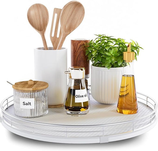 13" Lazy Susan Turntable Organizer for Table Top, Round Wooden Lazy Susan for Cabinet Kitchen Decor Centerpieces Coffee Table, Storage Condiments Spices, Bathroom Vanity Tray for Soap, White-Ruum Studio Home