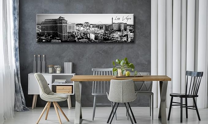 Las Vegas Skyline Wall Art for Living Room American Cityscape Canvas Prints Black and White City Bellagio Fountain Skyscraper Night View Panoramic Pictures Modern Building Poster Framed 13.8"X47.3"-Ruum Studio Home