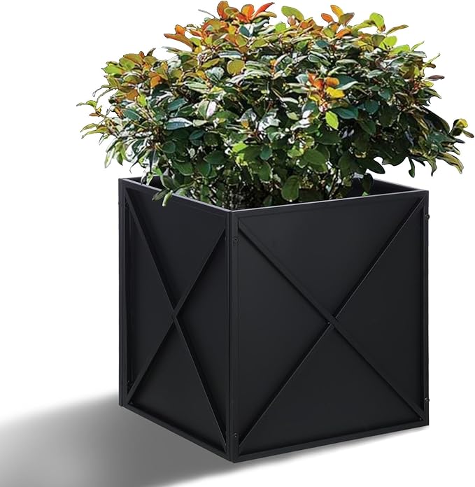 Metal Square Planter Box Tall Planters for Outdoor Plants Modern Heavy Duty with Drainage Holes for Outside Indoor Patio Deck - Black, 17”x 17”x 18”-Ruum Studio Home
