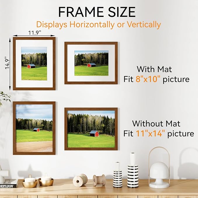 IBUYKE 11 x14 Picture Frame,Solid Oak Wood 11x14 Photo Frame with Mat to 8x10,11x14 Picture Frames With Tempered Glass,Wall Mount Display,Home Decor,Walnut Oak 14 x 11 Frame,UWPF1114H-Ruum Studio Home