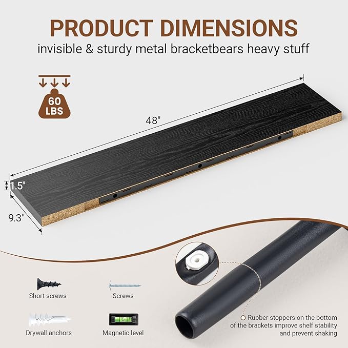 Heimlove Floating Shelves for Wall 48 Inches Long,9.3" Deep Black Floating Shelf Set of 2,Wall Mounted Wood Shelves for Bathroom Bedroom Living Room Kitchen Office,Shelf for Books Storage Room Decor-Ruum Studio Home