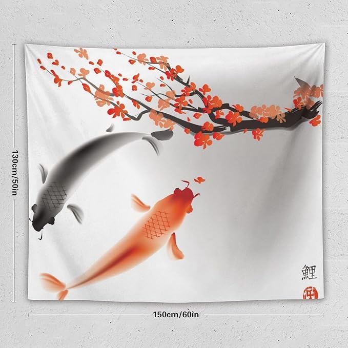 Houselerax Japanese Koi Fish Tapestry, Cherry Blossoms Asian Oriental Flower Branch Koi Fish Carp Tapestries Wall Hanging for Bedroom Living Room Office Decor 60"x50"-Ruum Studio Home
