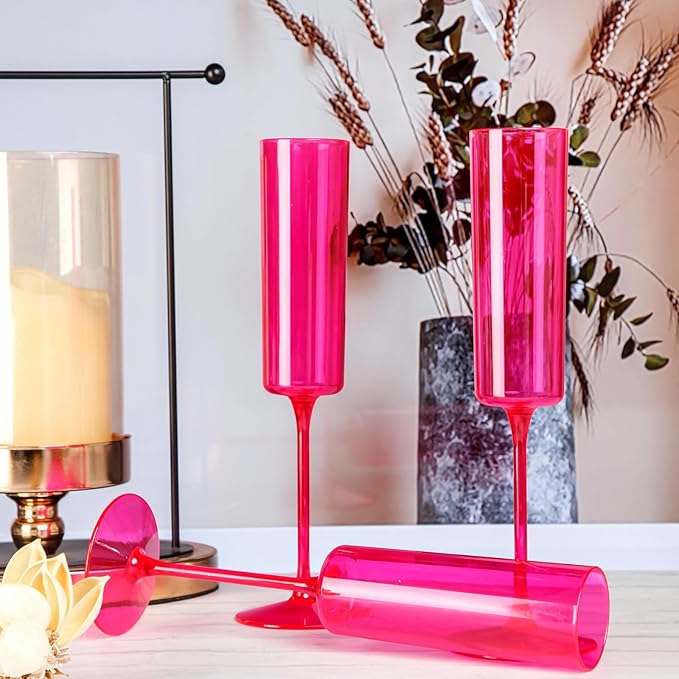 Ciaell 24 Pack Plastic Champagne Flutes - Hot Pink 6 Oz Disposable Champagne Glasses - Square Plastic Toasting Glasses for Party Birthday Anniversary Wedding-Ruum Studio Home