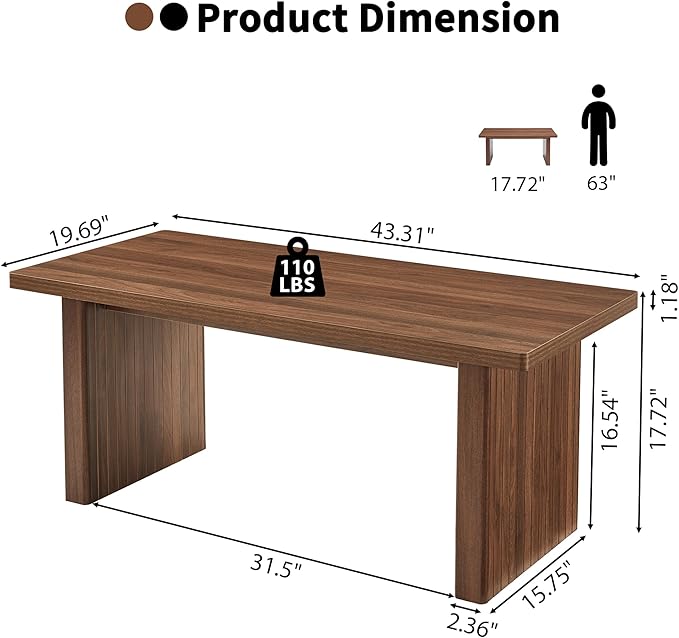 Rectangular Fluted Coffee Table, Farmhouse Wood Coffee Table Mid Century Modern Center Table Boho Living Room Tables for Living Room Office (Walnut, 19.69" D x 43.3" W x 17.72" H)-Ruum Studio Home