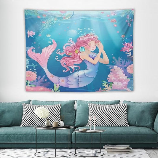 HZOHNAGO Mermaid Girls Tapestry Watercolor Flowers Mermaid Princess Blessing Pattern for Kids Room Decoration Printed Wall Tapestry Wall Hanging for Bedroom Living Room Dorm 80" W x 60" H-Ruum Studio Home