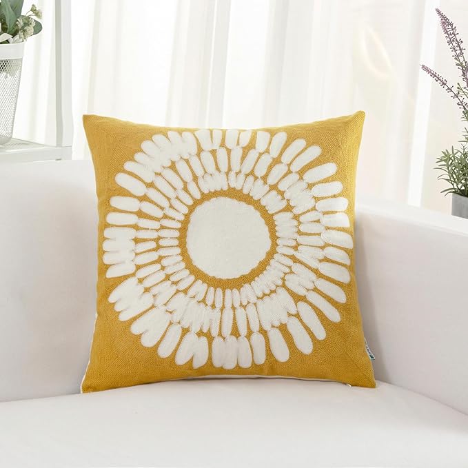 HWY 50 Mustard Yellow Decorative Throw Pillow Covers 18x18 Inch (1 Piece), Embroidered Cotton Modern Farmhouse Cushion Cover Pillow Case for Sofa Couch Living Room Bed, Sunflower-Ruum Studio Home