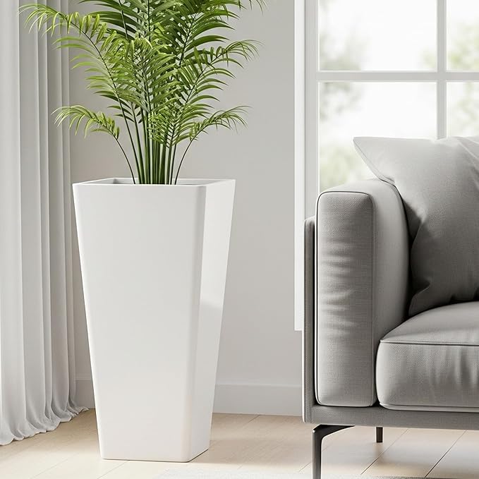 WORTH Garden Large 28 in.Tall Planters Set of 2 for Indoor and Outdoor, Heavy Duty Plastic White Modern Taper Flower Plant Pots with Drainage Hole and Dual-Purpose Tray for Front Porch, Patio-Ruum Studio Home