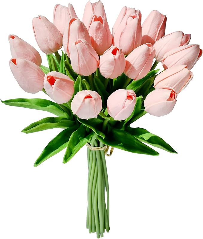 Mandy's Artificial Tulips 20 Stems Light Pink PU Faux Flowers for Wedding Home Decor 13.5 Inch-Ruum Studio Home