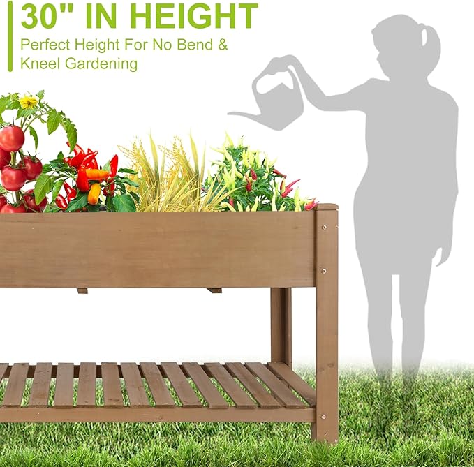 Raised Garden Bed with Legs - Elevated Wooden Planter Box, Durable Fir Wood, Reinforced Frame with Drainage Holes, Liner, and Storage Shelf for Vegetables, Herbs, Flowers, 47" x 23" x 30"-Ruum Studio Home