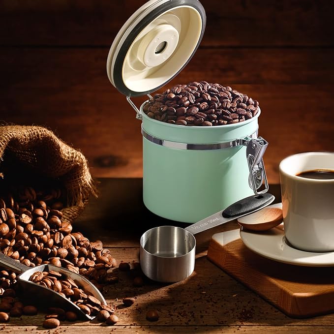 ShanSon Coffee Canister Airtight Coffee Container Stainless Steel Coffee Bean Storage Container with CO2 Release Valve and Scoop Coffee Canister for Beans,Grounds,Sugar,Flour,Tea,Cereal,11OZ,Green-Ruum Studio Home