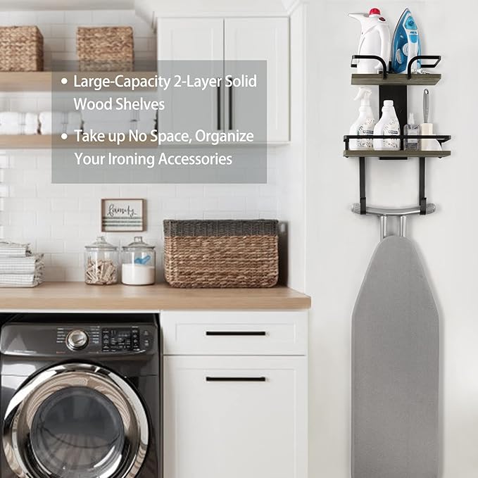 VINAEMO Ironing Board Hanger Wall Mount, 2-Layer Iron and Ironing Board Holder, Laundry Room Shelves Solid Wood with Removable Hooks Home Organization and Storage-Ruum Studio Home
