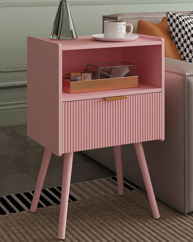 Nightstand,Modern Bedside Table with Storage Drawer and Open Wood Shelf, Accent Night Stand with Solid Wood Legs for Living Room, Bedroom and Small Spaces,Easy Assembly (Pink)-Ruum Studio Home