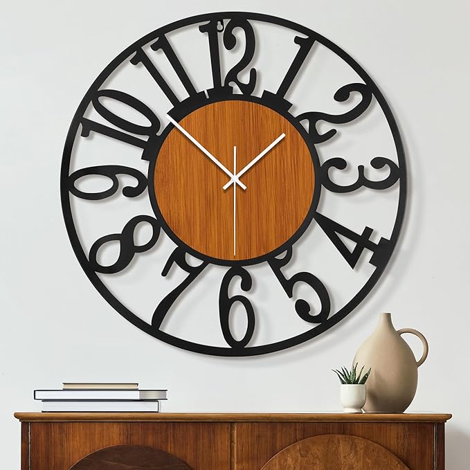 Maxstar Round Wall Clock for Living Room Decor Battery Operated Non Ticking Black Metal Wood Clocks for Home Living Room Garden Office Kitchen Decoration -20 inch-Ruum Studio Home