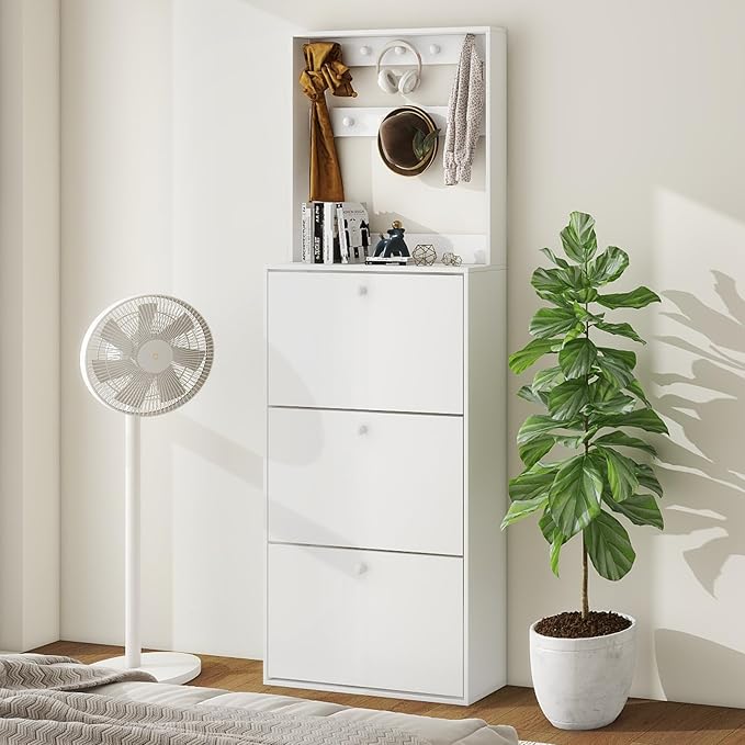 Shoe Storage Cabinet with 3 Flip Drawers, Narrow Shoe Cabinet with 9 Hooks Coat Rack, Freestanding Slim Shoe Storage Organizer for Entryway, Hallway, Entrance, Bedroom, Living Room, White-Ruum Studio Home