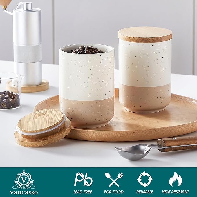 vancasso Sabine Ceramic Canister Set with Airtight Wood Lids - 4-Piece Small Kitchen Storage for Coffee, Sugar, Tea & Spices (18 oz Each) - Compact Countertop Jars-Ruum Studio Home