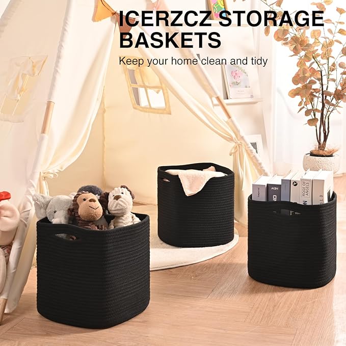 11 Inch Cube Storage Bins, Storage Cube Organizer Bins, Woven Cotton Rope Basket for Storage, Storage Baskets for Organizing Shelves, Square Baskets for Toys, Black (Pack of 3)-Ruum Studio Home