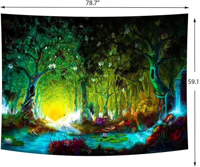 Delur Fantasy Forest Tapestry Mystical River Enchanted Magical Fairy Tale Tree Tapestry Sunrise Landscape Sunset Nature Psychedelic Wall Hanging Headboard for Bedroom Living Room Home Decor (59.1" x 78.7")-Ruum Studio Home