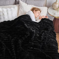 NEWCOSPLAY Faux Fur Twin Blanket Black 3D Ribbed Plush Thick Warm Blanket for Couch Sofa Bed 850GSM (Black Ribbed, Twin(60"x80"))-Ruum Studio Home