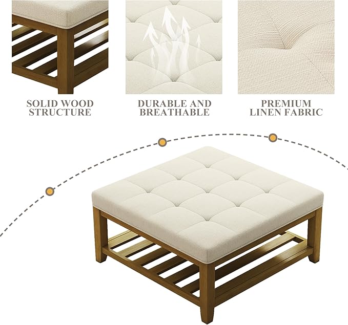 Large Square Ottoman Coffee Table, Linen Solid Upholstered Footrest Ottoman with Solid Wood Shelf Storage Tufted Coffee Table for Bedroom Living Room, Ivory-Ruum Studio Home