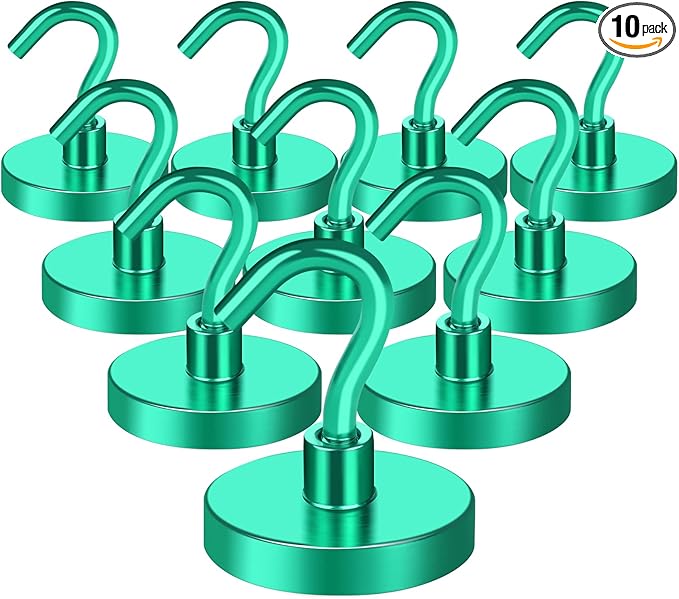 MIKEDE Strong Magnetic Hooks, 110Lbs Heavy Duty Magnetic Hooks for Cruise, Neodymium Earth Magnets with Hooks for Hanging, Super Metal Industrial Magnets for Grill, Storage (Green,10 Pack)-Ruum Studio Home