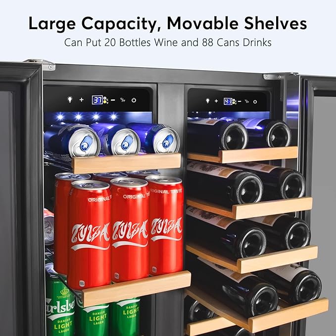 Tylza Upgraded Wine and Beverage Refrigerator 24 Inch, Dual Zone Wine Beverage Cooler with French Door, Under Counter Wine Beer Fridge Built-In or Freestanding, Holds 20 Bottles and 88 Cans, Low Noise-Ruum Studio Home