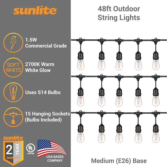 Sunlite 48ft Outdoor String Lights, 1.5W Commercial Grade, Waterproof, Linkable Strands, UL Listed, 15 Hanging Sockets, Shatterproof LED Edison Bulbs Included, 2700K Soft White-Ruum Studio Home