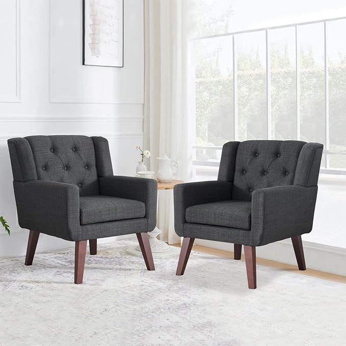 Accent Chair Button-Tufted Upholstered Living Room Chairs Comfy Reading Chair Mid Century Modern Chair with Linen Fabric Lounge Arm Chairs for Living Room Bedroom (Grey Set of 2)-Ruum Studio Home