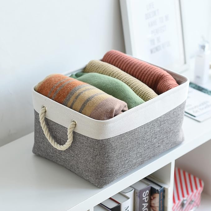 Large Storage Baskets for Shelves, Fabric Baskets for Organizing, Collapsible Storage Bins for Closet, Nursery, Clothes, Toys, Home & Office [3-Pack, White&Grey]-Ruum Studio Home