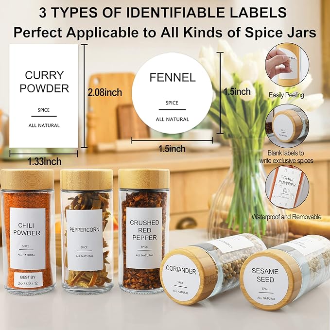 AISIPRIN Glass Spice Jars with 398 Labels-4oz 24 Pcs,Round Seasoning Jars with Bamboo Airtight Lids,Spice Container Set -Shaker Lids, Funnel,Brush and Marker Included-Ruum Studio Home