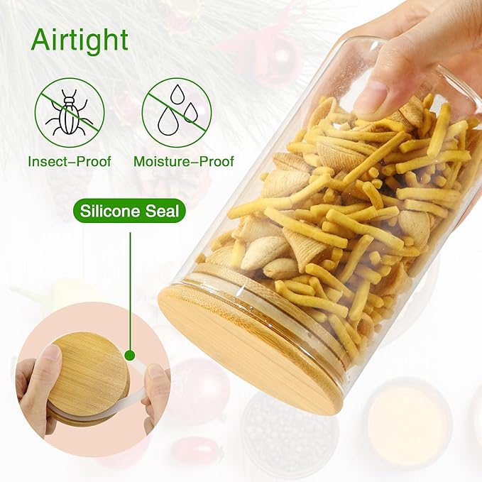 Glass Jars with Bamboo Lids 20 oz, 12 Pcs Stackable Kitchen Glass Pantry Storage Containers with Airtight Bamboo Lids for Rice, Candy, Sugar, Flour, Nuts, Cookie, Bean-Ruum Studio Home