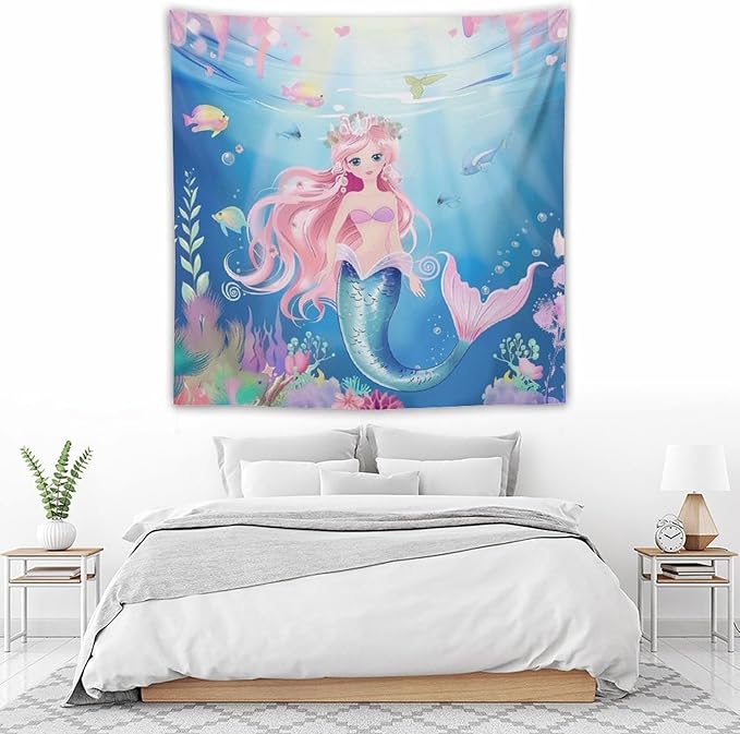 HZOHNAGO Mermaid Girls Tapestry Watercolor Mermaid Princess Pattern Printed Wall Tapestry Wall Hanging for Bedroom Living Room Dorm 60" W x 60" H-Ruum Studio Home