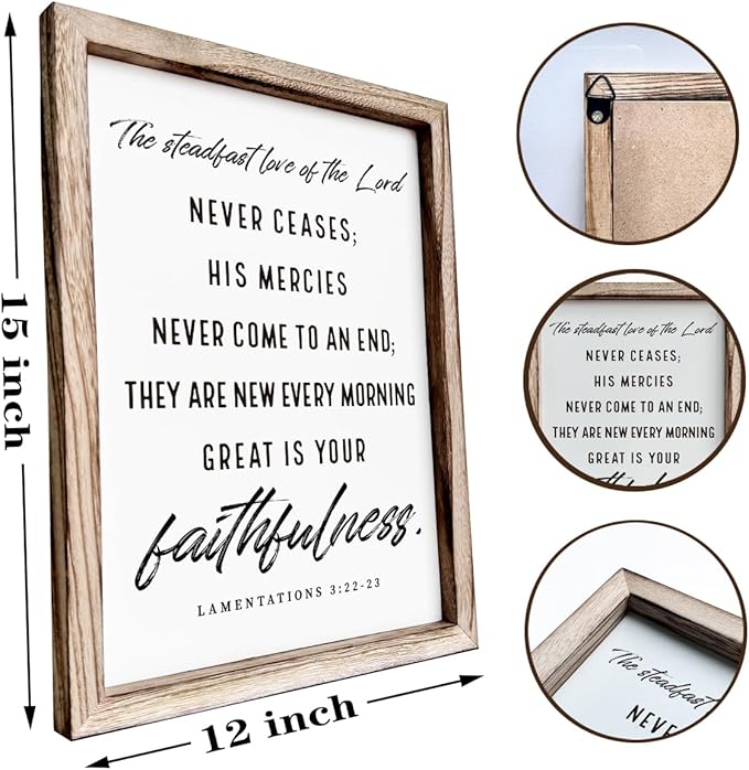 Christian Wooden Wall Signs, Living Room Decor, Home Church Decor for Room, Framed Wall Plaque Sign 15 * 11.5 inches, The Steadfast Love of the Lord Never Ceases Sign-Ruum Studio Home