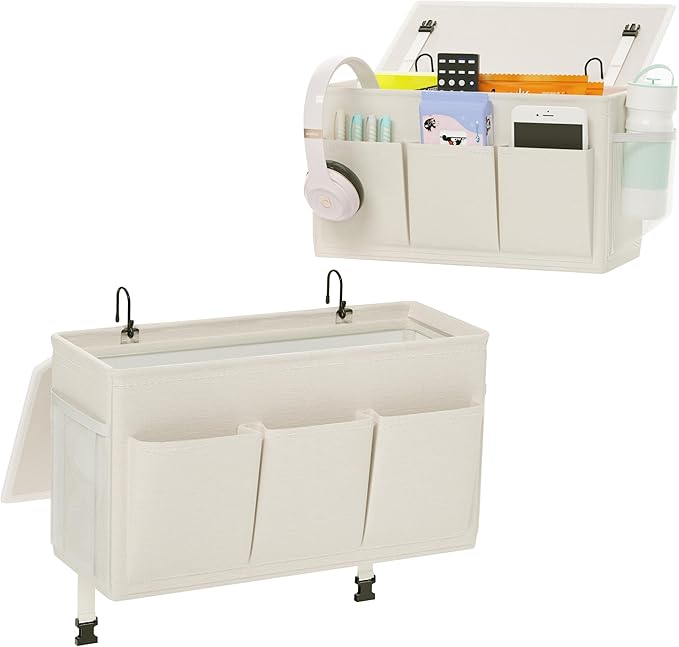 Dual-purpose Bedside Caddy Bedside Organizer, Bed Caddy with 6 Pockets, Versatile Bedside Storage Solution Magazine Remotes holder, ideal for Home, Dorm, Hospital, Crib Bed (White 2pcs)-Ruum Studio Home