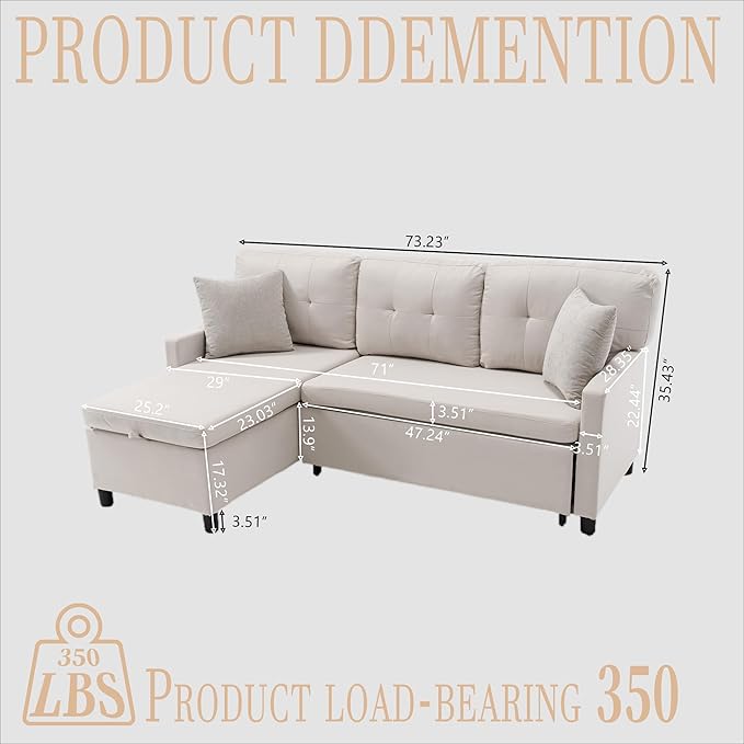 Pull Out Couch, Oversized Sleeper Sofa Couch, Sectional Sleeper Sofa Bed for Living Room Bedroom Lounge (Beige, 73 Inch)-Ruum Studio Home