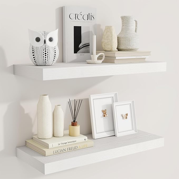 Fun Memories 24 Inch Floating Shelves for Wall, 9 Inch Deep White Rustic Wood Wall Mounted Shelves for Bathroom, Kitchen, Living Room, Set of 2-Ruum Studio Home