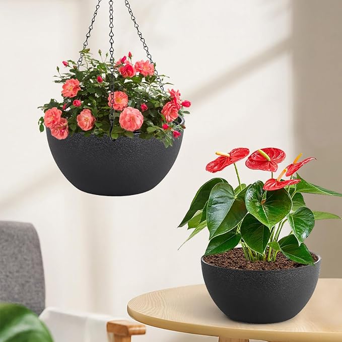 12 inch Hanging Planters for Indoor Plants, 2 Pack Planters for Outdoor Plants with Drainage Holes and Chain, Round Plastic Hanging Baskets, Hanging Flower Pots for Balcony Garden Decor-Black-Ruum Studio Home
