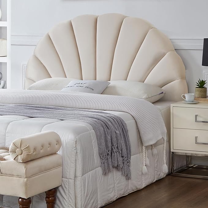 24KF Stunning Crown Design Queen Headboard, Upholstered Soft Velvet Petal Pattern Headboard Queen/Full-Beige-Ruum Studio Home