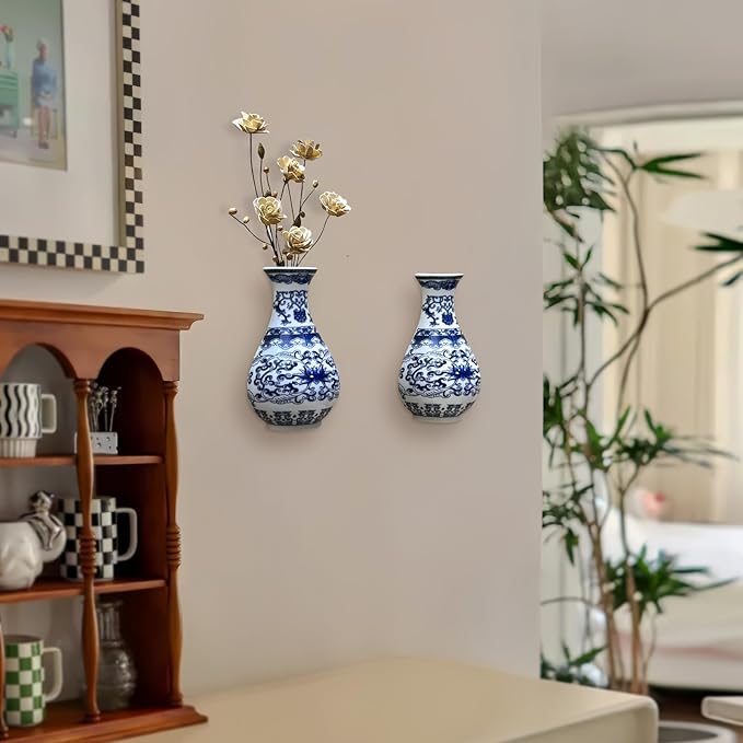 Set of Two Blue and White Porcelain Wall Vases for Flowers – Handmade Chinoiserie Ceramic Wall Mounted Flower Vase, Decorative Hanging Vases for Living Room, Bookshelf & Indoor Décor-Ruum Studio Home