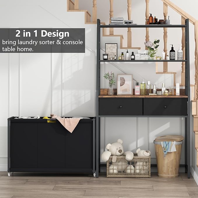 Laundry Hamper Laundry Basket with 3 Section Pull-Out Rolling Bags & 2-Tier Storage Shelf, Laundry Sorter for Organization and Storage with 2 Drawers for Laundry Room, Bathroom-Ruum Studio Home