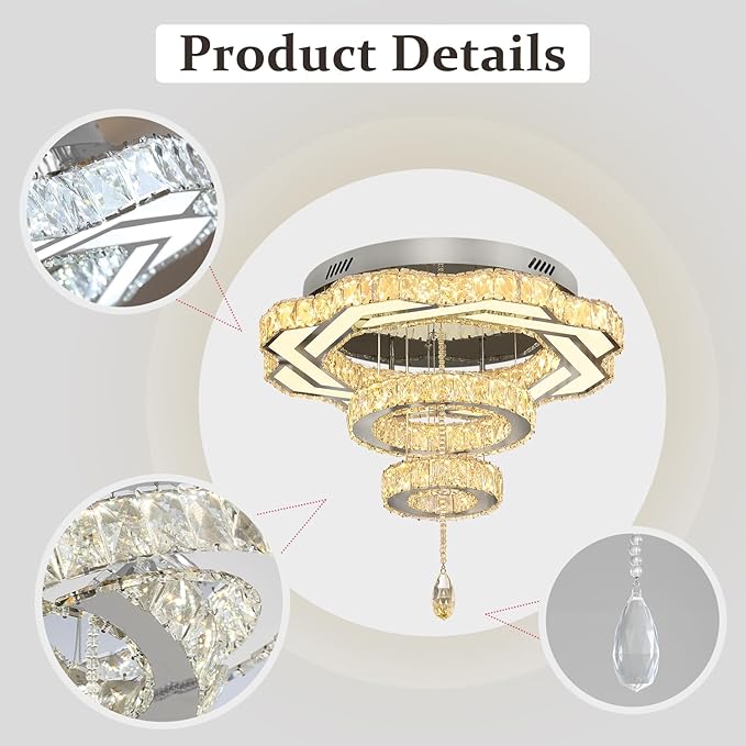 Flashing God Modern Crystal Chandeliers Dia 24" Silver Chandelier Flush Mount Ceiling Light for Bedroom Living Room Dining Room Hallway Dimmable 3 Rings LED Celing Lighting Fixtures-Ruum Studio Home